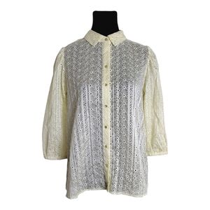 Nanette Lepore Eyelet Embroidery Blouse Three qtr Sleeve Pale Yellow Small